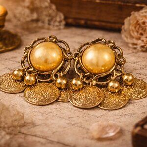 Vintage Faux Pearl Retro Dangle Charm Clip On Coin Earrings